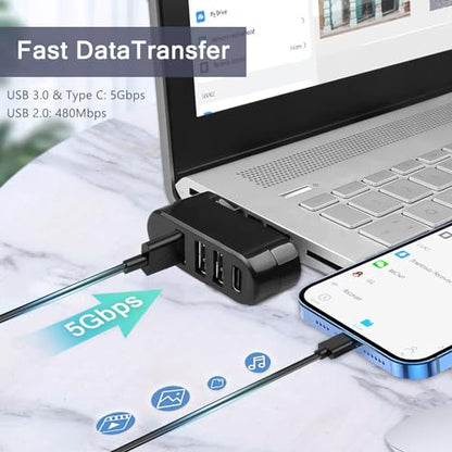4-Port USB 3.0 Hub [90°/180° Degree Rotatable], USB Splitter with PD-in 5W USB C Port, USB Extender for Laptop, Car, iMac, MacBook Air, MacBook Pro, and More - style: USB 3.0 Hub