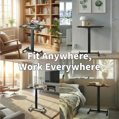HUANUO Small Rolling Laptop Standing Desk, Height Adjustable Mobile T-Base Desk with Lockable Casters, Portable Sit-Stand Workstation for Bedside & Sofa, Walnut - color: Walnut