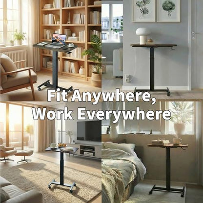 HUANUO Small Rolling Laptop Standing Desk, Height Adjustable Mobile T-Base Desk with Lockable Casters, Portable Sit-Stand Workstation for Bedside & Sofa, Walnut - color: Walnut