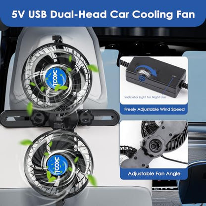 XOOL USB Dual Head Backseat Car Fan – 360° Rotatable Rear Seat Air Circulator with Stepless Speed & Adjustable Clip for Kids in SUV, Truck, RV - size: USB Dual Fan - Rear (Stepless)