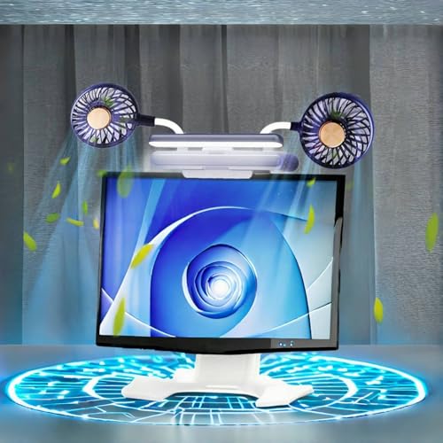 USB Monitor Clip on Fan Deepsea Blue | Flip-Open LED Light Bar, Two-Head Personal Cooling, 3 Wind Speeds, For Flat & Curved Monitors - color: Deepsea Blue