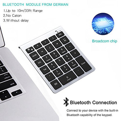 Lekvey Bluetooth Number Pad, 10 Keys Numeric Keypad Portable Wireless Bluetooth Keypad : 28-Key Numpad Extensions for Financial Accounting Data Entry for Laptop Surface Pro Tablets Windows, Silver - color: Silver