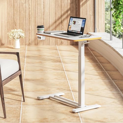 SANODESK Mobile Standing Desk with Hidden Wheels,Pneumatic Laptop Desk Rolling Computer Cart Movable Height Adjustable Small Sit Stand Desk for Home Office(27.6" W x 15.7" D, White+Maple Band) - color: White Maple, size: 28x16