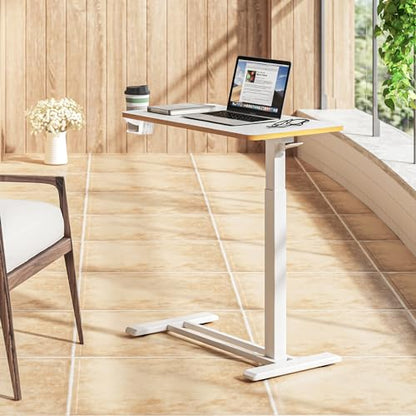 SANODESK Mobile Standing Desk with Hidden Wheels,Pneumatic Laptop Desk Rolling Computer Cart Movable Height Adjustable Small Sit Stand Desk for Home Office(27.6" W x 15.7" D, White+Maple Band) - color: White Maple, size: 28x16
