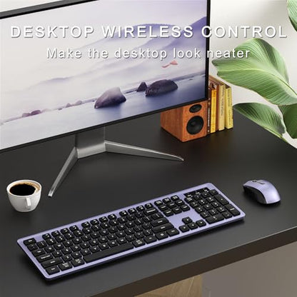 MPTOG Wireless Keyboard and Mouse Combo, Full-Size 104-Key Office Keyboard with 15 Function Keys, Numeric Keypad, Single USB Receiver, Compatible with PC and Laptop(Purple) - color: Purple