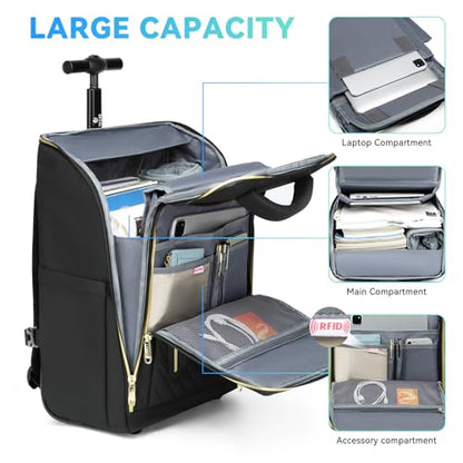 Rolling Backpack Waterproof Commuter Backpack with Wheels for Business, Laptop Compartment for 15.6-Inch Laptop, Wheeled Carry-On Bag for Adults - color: Gold Black