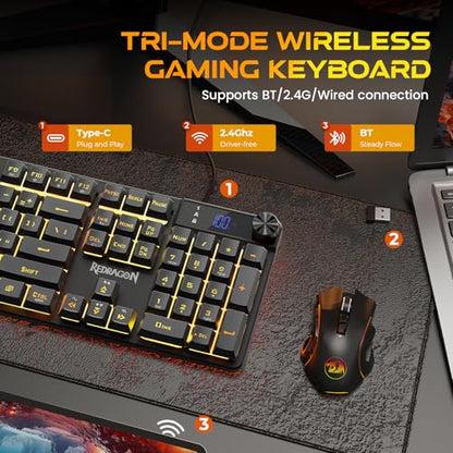 Redragon K521 Pro Wireless Gaming Keyboard with Screen | Mechanical Feeling, Tri-Mode BT/2.4G/USB-C, RGB Keyboard, 12 Multimedia Keys, Programmable Software, Full-size keyboard - color: Glossy Black