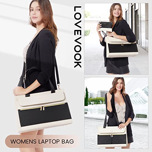 LOVEVOOK Laptop Tote for Women - 15.6 Inch Professional Leather Computer Briefcase - Waterproof Shoulder Bag - Large Capacity Business & Office Bag - color: Black/Beige-1, size: 15.6 Inch