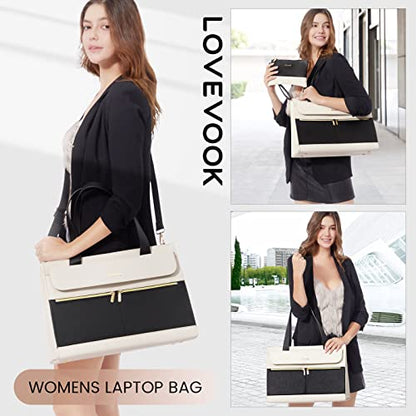 LOVEVOOK Laptop Tote for Women - 15.6 Inch Professional Leather Computer Briefcase - Waterproof Shoulder Bag - Large Capacity Business & Office Bag - color: Black/Beige-1, size: 15.6 Inch