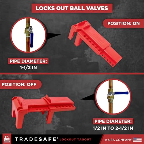 TRADESAFE Adjustable Ball Valve Lockout, 1/2 to 4-1/4 inch Pipe Dia, 2 Pack | Locks Valves In On Or Off Position, Includes Auxiliary Fitting For Larger Valves, Supports Up To 6 Loto Locks