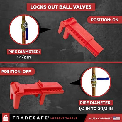 TRADESAFE Adjustable Ball Valve Lockout, 1/2 to 4-1/4 inch Pipe Dia, 2 Pack | Locks Valves In On Or Off Position, Includes Auxiliary Fitting For Larger Valves, Supports Up To 6 Loto Locks