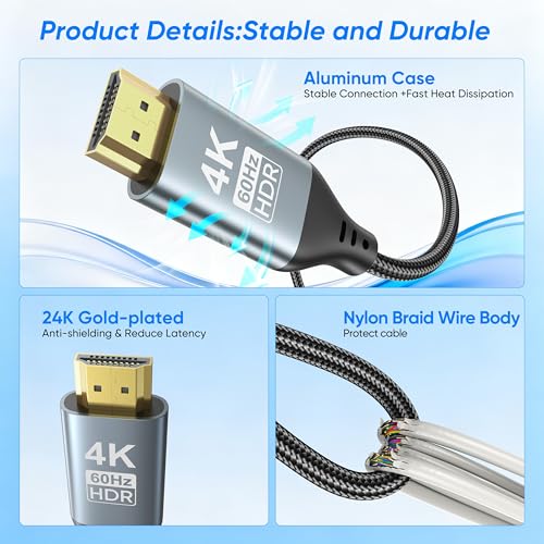 USB C to HDMI Cable for Home Office 10FT（4K@60Hz） High-Speed HDMI 2.0 Braided Cord, Thunderbolt 3/4 Compatible for MacBook, iPhone 15/16 Pro/Max,iPad Pro,iMac,Galaxy S8-S25 - size: 10FT