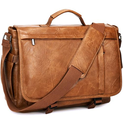 Messenger Bag for Men: Laptop Bag PU Leather Work Briefcase Large Carry On Computer for Office College Travel - color: Pu Brown