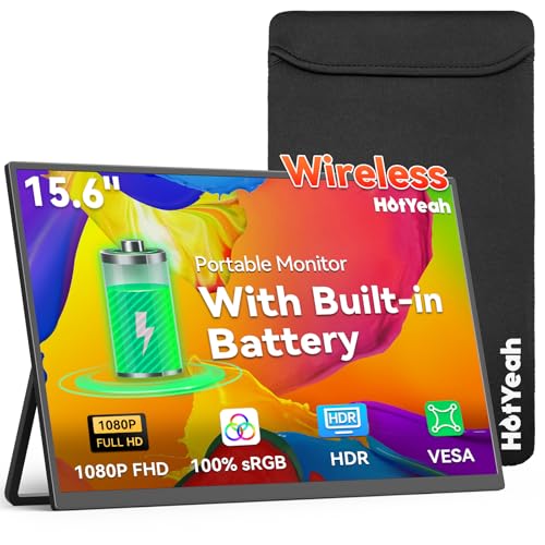 15.6“ Wireless Portable Monitor Battery-Powered, Support AirPlay Miracast, 1080P FHD USB-C HDMI External Computer Display, Second Screen for Laptop MacBook PC Phone Tablet, w/Built-in Battery(4- 5H) - size: 15.6"