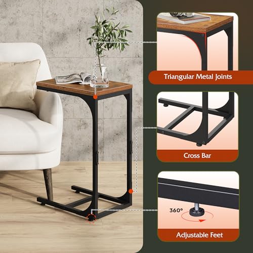 WLIVE C Shaped End Table, Small Couch Side Tables with Metal Frame that Slide Under, Sofa Table TV Tray for Living Room, Bedroom, Rustic Brown - color: Rustic Brown