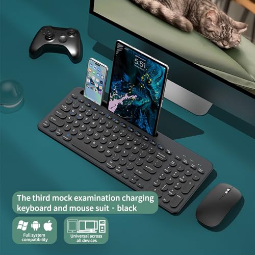 Wireless Keyboard and Mouse Combo with Phone Tablet Holder, Rechargeable Dual-Mode (Bluetooth 5.0 and 3.0 +2.4G) Multi-Device Silent Mouse for Windows, iPad, Tablet, MacOS,iOS,Android(Black) - color: Black