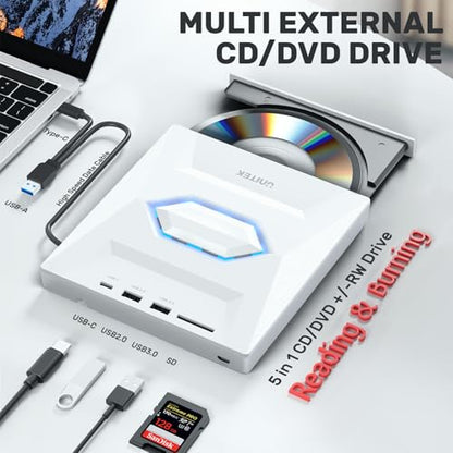 Unitek External CD/DVD Drive USB C Portable DVD Player with SD Card Slots 3 USB Ports CD ROM Burner External Disk Drive Optical Compatible with Laptop Desktop Mac Windows 11/10/8/7 Linux - color: 5-IN-1 WHITE