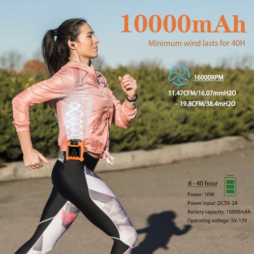 CAZOKASI Personal Waist Clip Fan Rechargeable Wearable Hand Free Wearable Cooler Fan for Traveling Working Outdoor Office (10000mAh / Orange) - size: 10000mAh / Orange