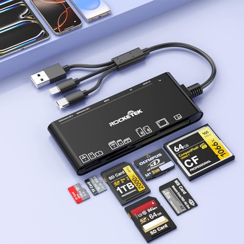 USB-C/USB3.0/Lightning Multi Card Reader Hub for SD,CF,Micro SD,XD,MS Cards | 5Gbps High-Speed Transfer Reader Adapter,Plug&Play,Compatible with iPhone/Samsung/Windows/Mac/Linux for Photographer,Vlogger