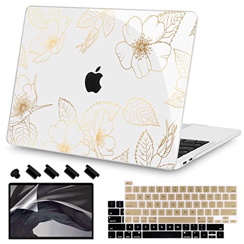 Teryeefi for 2022 2020 MacBook Pro 13 inch Case M2/M1 Chip (Model A2338 A2289 A2251 with Touch Bar), Plastic Hard Shell Case & Keyboard Cover & Screen Protector, Gold Floral Leaf - color: Gold Floral Leaf
