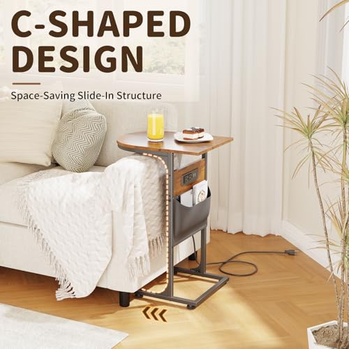 C Shaped End Table with Charging Station, Small Side Table for Couch, C Table Slides Under Sofa with Storage Bag, TV Tray Table for Recliner, Living Room, Bedside, Bedroom, Small Spaces, Rustic Brown - color: Charging Station Rustic Brown