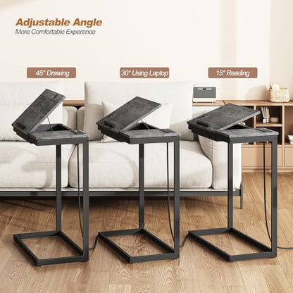 TUTOTAK Large C Shaped End Table, Side Table with Charging Station C Table | Tilting Laptop Stand with Storage, Computer Couch table for Living Room, Bedroom, Charcoal Grey TB01BY090 - color: Charcoal Grey, style: Plug