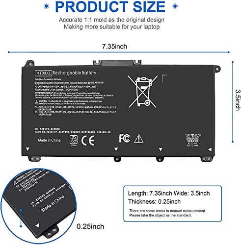 HT03XL Battery for HP Laptop Battery L11119-855 HP Battery for HP 17-by 17-CA 15-DA 15-DB 15-DW 15-CS 15-DY 14-CE 14-CF 14-DF 14-DH 14-DQ 15-CS0053CL 15-DW0033NR 15-DA0014DX 17-BY0061ST HT03041XL - size: 7.35 x 3.5 x 0.25 inches HTO3XL BATTERY