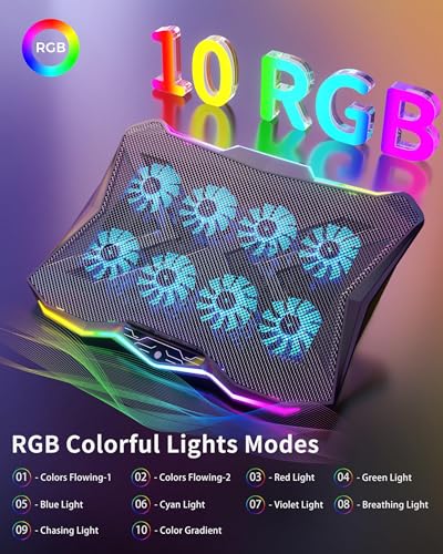 AICHESON Laptop Cooling Pad with 8 Cooler Fans for 15.6-17.3 Inch Computers | RGB Atmosphere Lights, Computer Base Stand with 7 Height Slots, Blue LED Lights with Fans, 2 USB Ports, AA3 - color: RGBLight