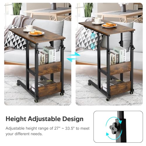 Hadulcet C Shaped Side Table Adjustable, Height Adjustable C Table with Wheels and Storage Shelves for Couch Bed Recliner Rustic Brown - color: Romantic Brown, style: Modern