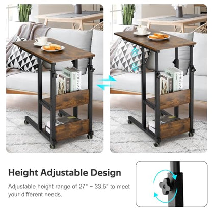 Hadulcet C Shaped Side Table Adjustable, Height Adjustable C Table with Wheels and Storage Shelves for Couch Bed Recliner Rustic Brown - color: Romantic Brown, style: Modern