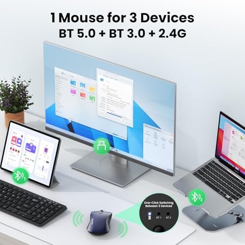 TECKNET Rechargeable Bluetooth Mouse, [ USB + BT5.0 + BT3.0 ] Wireless Mouse, Ergonomic Design, Silent Click, 6-Level 4800 DPI Wireless Mice, 3-Device Switching for Laptop, Computer, MacBook（Blue） - color: Blue