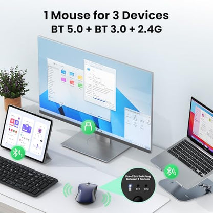 TECKNET Rechargeable Bluetooth Mouse, [ USB + BT5.0 + BT3.0 ] Wireless Mouse, Ergonomic Design, Silent Click, 6-Level 4800 DPI Wireless Mice, 3-Device Switching for Laptop, Computer, MacBook（Blue） - color: Blue
