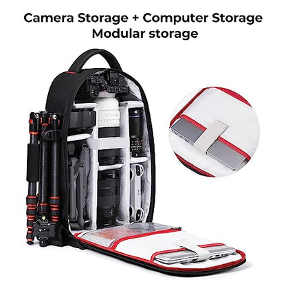 K&F CONCEPT Camera Backpack, Lightweight 16L with Laptop Compartment | 16L Lightweight, 180 Degree Open, Custom Dividers, with 14in Laptop Compartment & Tripod Holder, for Canon/Nikon/Sony, B08 - style: 03-black-red
