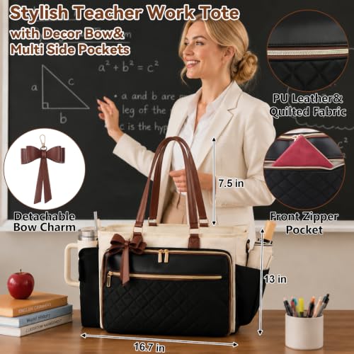 Veirdro Teacher Laptop Tote Bag for Women with Large Leakproof Cup Holder, Waterproof Work Tote Bags with Padded 15.6 in Laptop Compartment, Quilted Nurse Bag with Carrying Purse for Office, Black