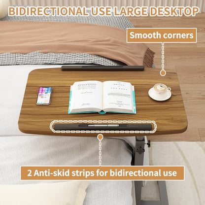 Laptop Table Mobile Adjustable Height Portable Desk Notebook Swivel PC Computer Rolling Desk with Wheels, Laptop Stand for Couch Bedside Hospital Bed Table - color: Light Walnut