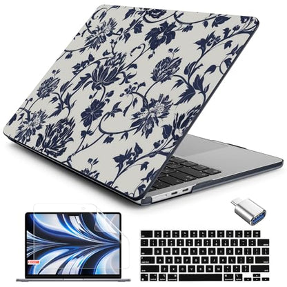 Batianda LumiArt Case for MacBook Air 13.6" M2-M5 Chip, Navy Flowers | 4-in-1 set with artistic porcelain vine flower design, lightweight slim hard shell protection for office women and teachers - color: Navy flowers