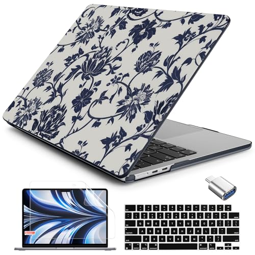 Batianda LumiArt Case for MacBook Air 13.6" M2-M5 Chip, Navy Flowers | 4-in-1 set with artistic porcelain vine flower design, lightweight slim hard shell protection for office women and teachers - color: Navy flowers