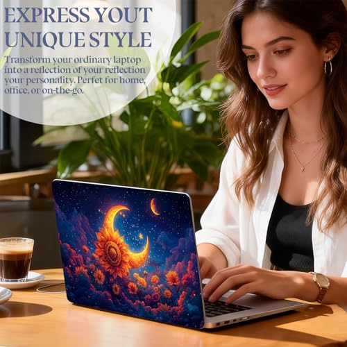 Universal Laptop Skin Sticker Decal,15.6 Inch Laptop Vinyl Cover for 13" 14" 15.6" Laptop,Scratch-Resistant Waterproof Protector Wrap,Reusable with Wrist Pads,Sunflower Crescent Moon Night - color: Sunflower Crescent Moon Night