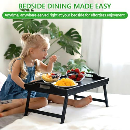 2 Pack Bed Tray Table Breakfast Trays Serving Tray Bamboo Bed Laptap with Floding Legs Handles and Phone Holders - style: 2 pack(Black)