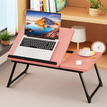 Laptop Bed Desk, 5-Angle Adjustable Bed Laptop Table with Cup Holder | Foldable Laptop Stand for Couch & Sofa, Portable Laptop Tray for Adults Writing Reading Eating, Pink - color: Pink