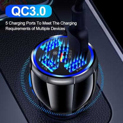 Car Charger Adapter, 5 Port QC3.0 Fast Charging Car Cigarette Lighter USB Charger, Compatible with iPhone, Android, Samsung, iPad Pro, and More (Black)
