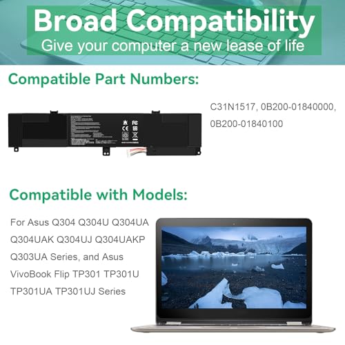 ASUNCELL C31N1517 Laptop Battery Compatible with ASUS VivoBook Flip Q304 Q304U Q304UA Q304UAK Q304UJ Q303UA Q304UAKP TP301 TP301U TP301UA TP301UJ 0B200-01840000 0B200-01840100 11.55V 55Wh - size: C31N1517 12.60 × 5.28 × 1.06 in