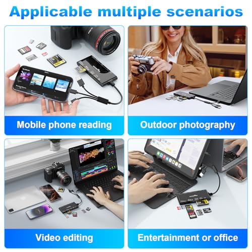 Multi Memory Card Reader, 7-in-3 USB C Lighting USB3.0 Multi Card Reader for SD TF CF XD MS,SD Card Reader Adapter for for Phone/Pad/MacBook/Samsung/PC Plug and Play Read/Write 5Gbps