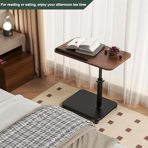 Adjustable Height C Shaped End Table with Wheels,360°Swivel Side Table, Top Tilting Laptop Stand TV Table for Sofa/Bed, Couch Tables that Slide under, Rolling Coffee Table for Living Room (walnut)