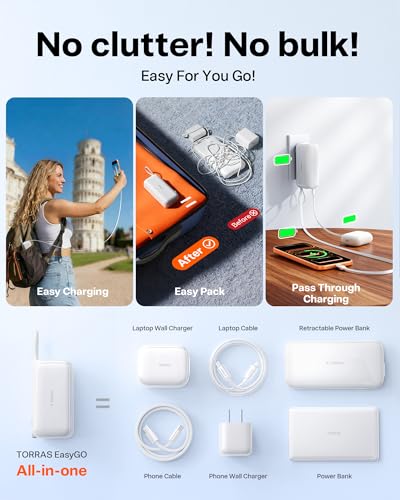 TORRAS EasyGO Lite 10000mAh Power Bank, 35W 3-in-1 Portable Charger | Built-in 2.3ft Retractable USB-C Cable and Wall Plug, Travel for iPhone 17/16/15 Pro Max, Samsung, iPad and MacBook Air