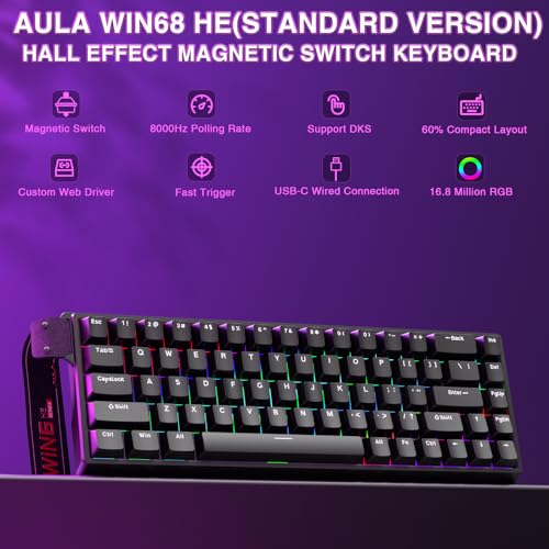 AULA WIN68 HE Mechanical Gaming Keyboard 60%, Hall Effect Magnetic Switch, Fast Trigger Mode Adjustable Actuation, 8000Hz Polling Rate, RGB Backlit, Wired Black Keyboard for Laptop/PC Gamer - color: Black-standard version