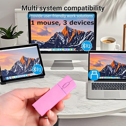 Wireless Mouse Mini Bluetooth 5.1/5.0 & 2.4Ghz Tri Mode Mice,Small Silent Portable Compact Finger Mice, Cute Tiny Travel Pink Mouse for MacBook Chromebook PC Laptop Computer Tablet Office School Gift - color: Pink