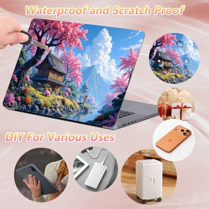 Laptop Skin Sticker Decal 12" 13" 13.3" 14" 15" 15.6",Waterproof Scratch Resistant Vinyl,Reusable Easy to Apply,for MacBook HP Dell Notebooks Netbooks Laptop,2 Wrist Pads,Cherry Blossom House - color: Cherry Blossom House