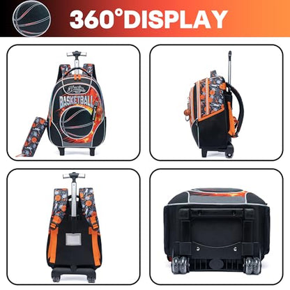 Meetbelify Kids Rolling Backpack with Wheels for Boys Rolling Backpacks with Lunch Box for Elementary School Students 3 in 1 Travel Luggage Carry on Suitcase for Boys Age 8-10 - color: 02 Basketball