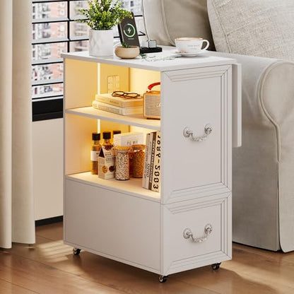 Lareth Rolling Side Table with Wheels, Led Lights & Charging Station | Foldable Desktop Narrow End Table, 1 Drawer, 2 Bookshleves, 27.56"H Tall Nightstand for Small Space, Living Room, White - color: B White